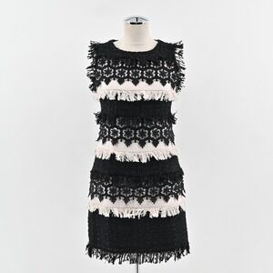 Boston Proper Tweed Dress Womens Size 2 Color Block Sleeveless Fringe Mini Retro